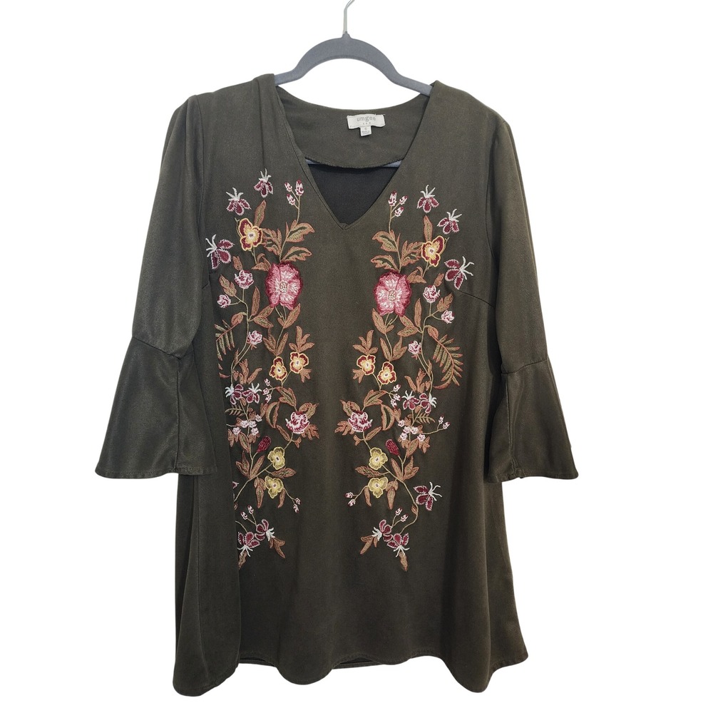 Umgee USA Olive Green Faux Suede Floral Embroidered Bell Sleeve Tunic Dress S